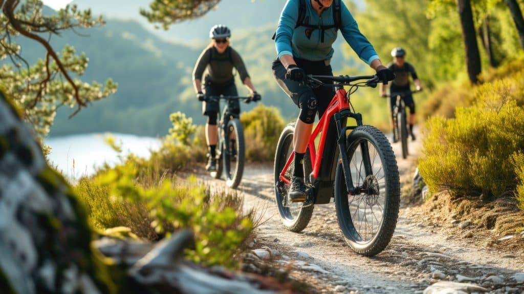 E-Bike fahrer fahren im Wald